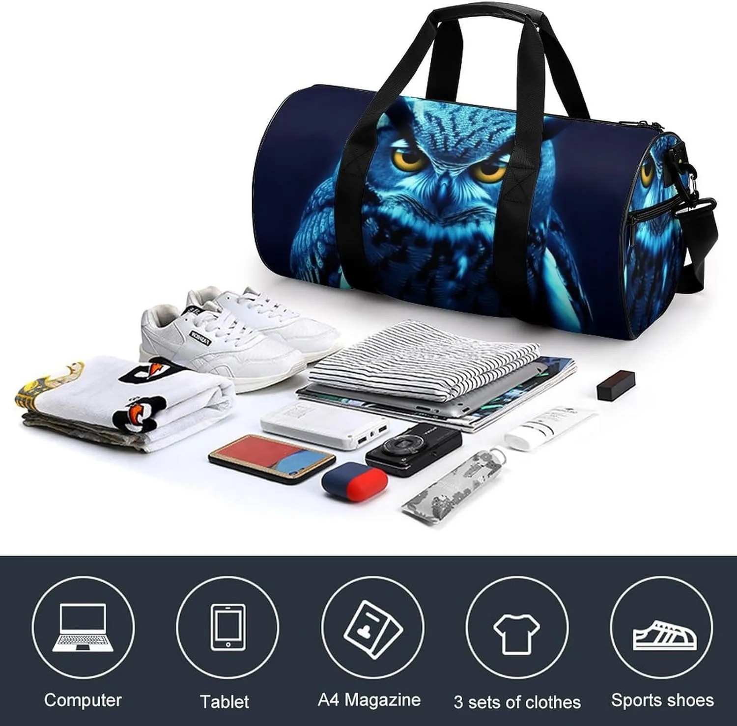 Blue Owl Gym Bag Small Travel Duffle Bag with Compartment Carry On Weekender Bag for Women Men