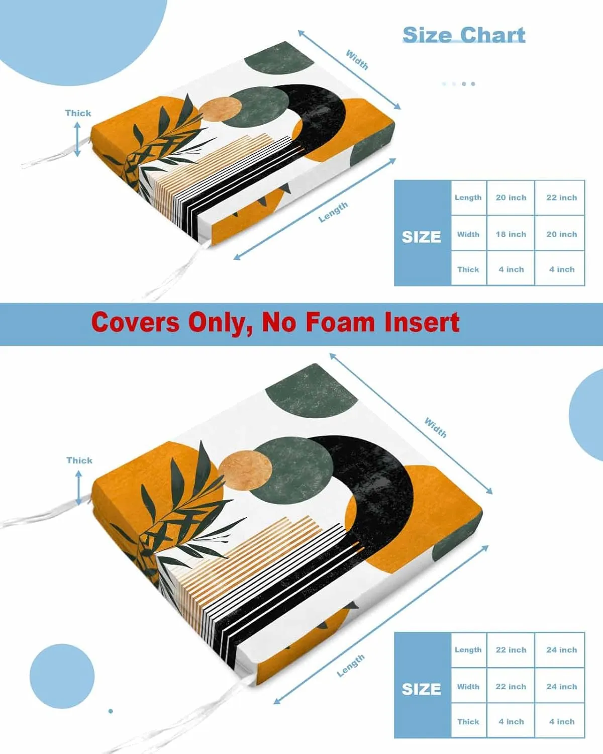 Boho Middle Century Outdoor Cushion Chair Cover Set of 2 - Waterproof Couch Seat Covers, Abstract Orange Geometric Botanical Patio Furniture Protector Cushions Slipcovers for Sofa/RV, 24"x24"x4"