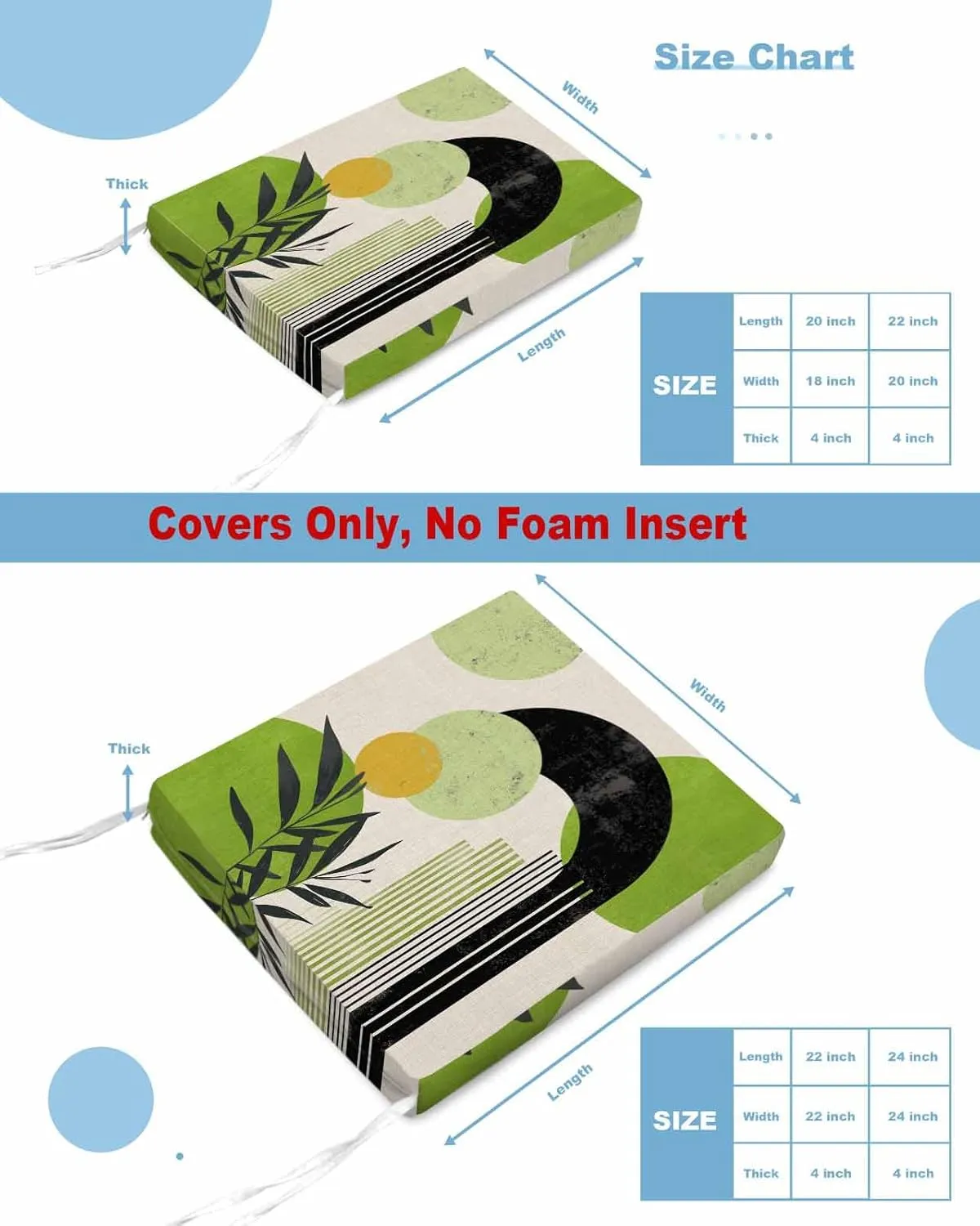 Boho Middle Century Outdoor Cushion Chair Cover Set of 4 - Waterproof Couch Seat Covers, Abstract Green Geometric Leaves Patio Furniture Protector Cushions Slipcovers for Sofa/RV, 22"x20"x4"