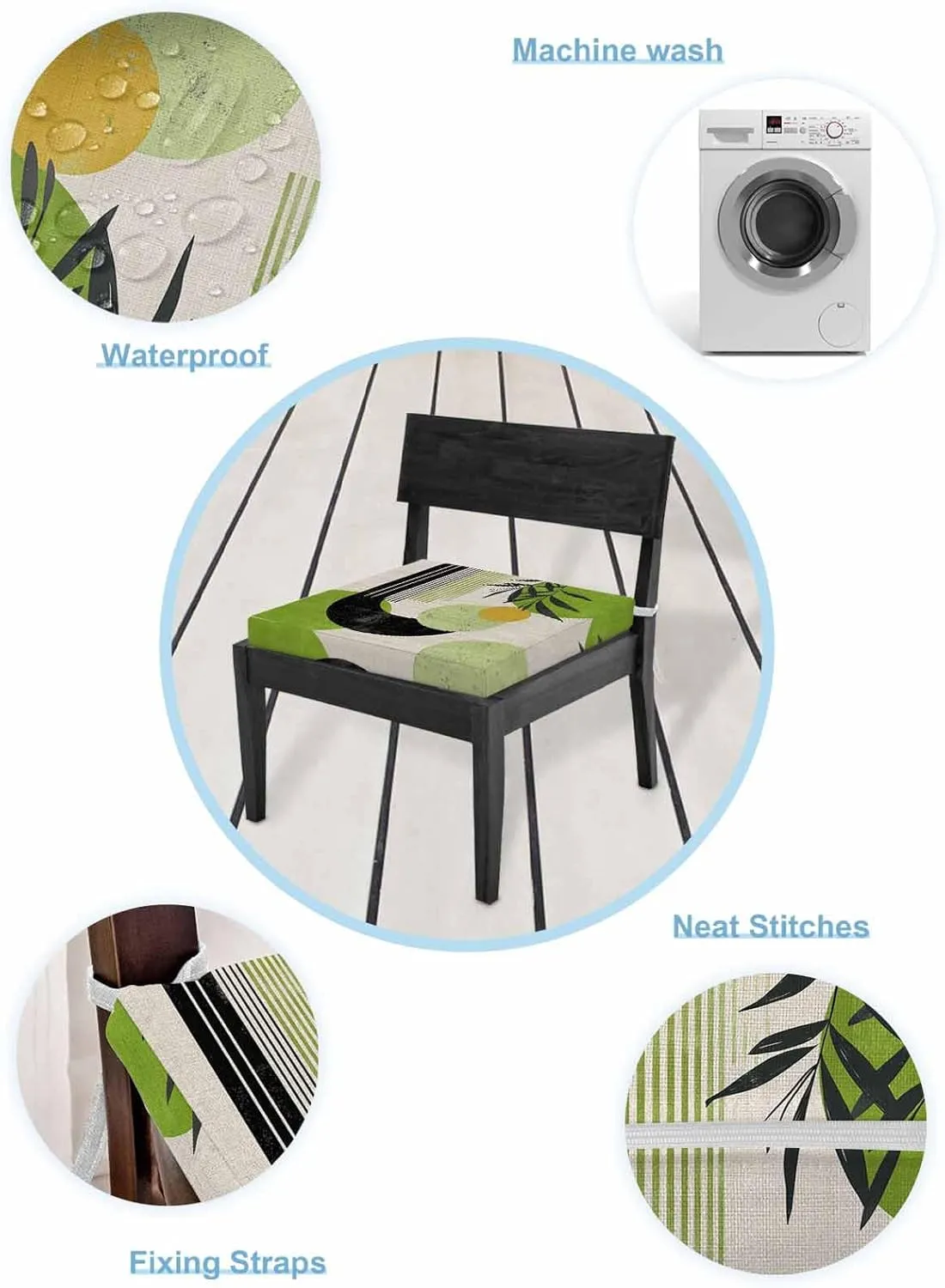 Boho Middle Century Outdoor Cushion Chair Cover Set of 4 - Waterproof Couch Seat Covers, Abstract Green Geometric Leaves Patio Furniture Protector Cushions Slipcovers for Sofa/RV, 22"x20"x4"