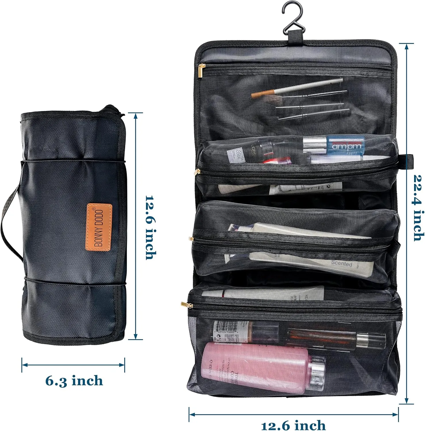 BONNY DODO Toiletry Travel Bag Can Hanging Large Roll-Up Makeup Organizer Bag with 3 Detachable Transparent Mesh Folding Cosmetic Travel Bags for Women & Men Black Toiletries Organizer Bag