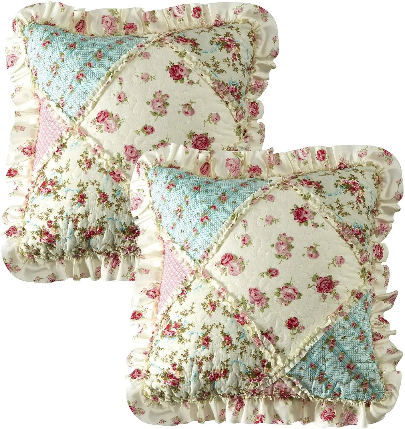 Brilliant Sunshine Roses Ruffle Pillowshams, Quilted Patchwork Decorative Pillow Covers Set, Washable Square Throw Cushion Cases for Couch, Recliner, Armchair, Bed, 18x18, Pack of 2, Pink Green