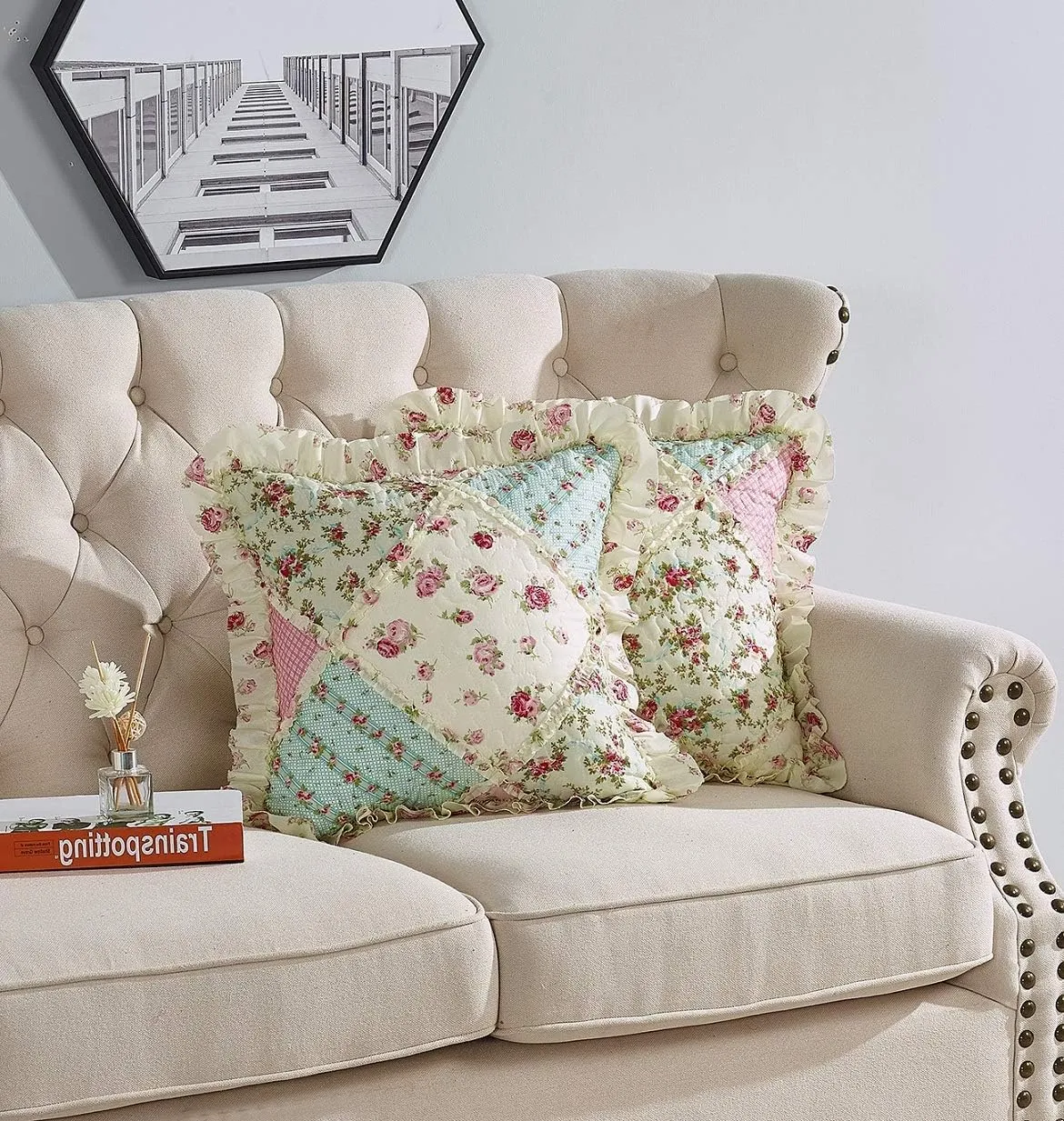 Brilliant Sunshine Roses Ruffle Pillowshams, Quilted Patchwork Decorative Pillow Covers Set, Washable Square Throw Cushion Cases for Couch, Recliner, Armchair, Bed, 18x18, Pack of 2, Pink Green