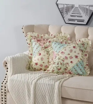 Brilliant Sunshine Roses Ruffle Pillowshams, Quilted Patchwork Decorative Pillow Covers Set, Washable Square Throw Cushion Cases for Couch, Recliner, Armchair, Bed, 18x18, Pack of 2, Pink Green