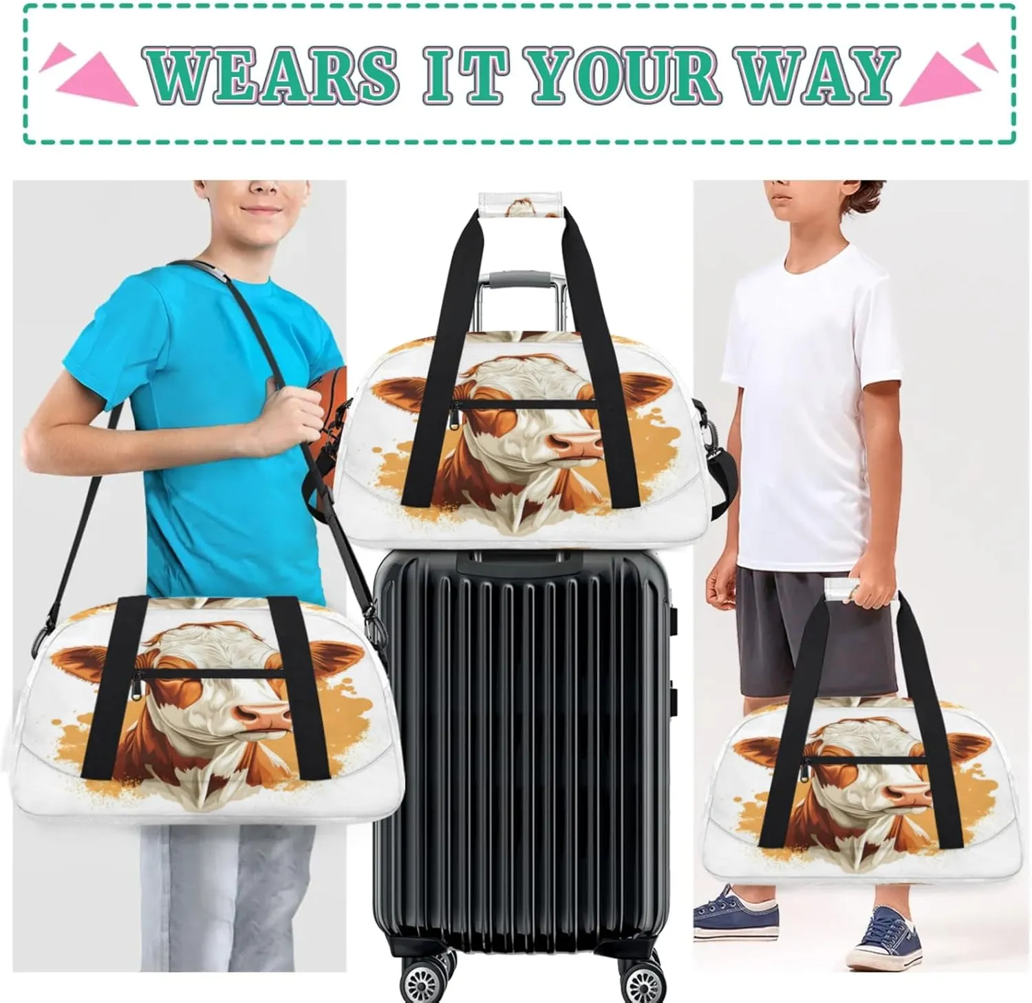 Brown Cow Small Gym Bag for Women Men, Cow Print Travel Duffle Bag Workout Dance Tote Bag Carry On Overnight Weekender Bag