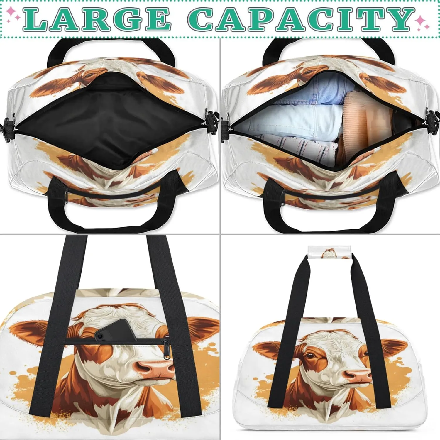 Brown Cow Small Gym Bag for Women Men, Cow Print Travel Duffle Bag Workout Dance Tote Bag Carry On Overnight Weekender Bag
