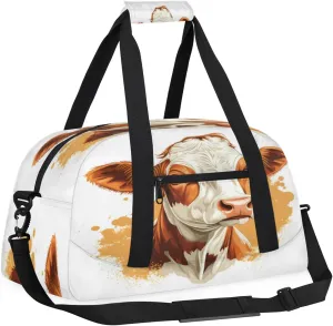 Brown Cow Small Gym Bag for Women Men, Cow Print Travel Duffle Bag Workout Dance Tote Bag Carry On Overnight Weekender Bag