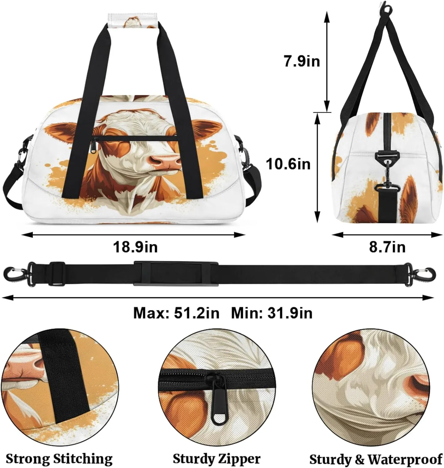 Brown Cow Small Gym Bag for Women Men, Cow Print Travel Duffle Bag Workout Dance Tote Bag Carry On Overnight Weekender Bag