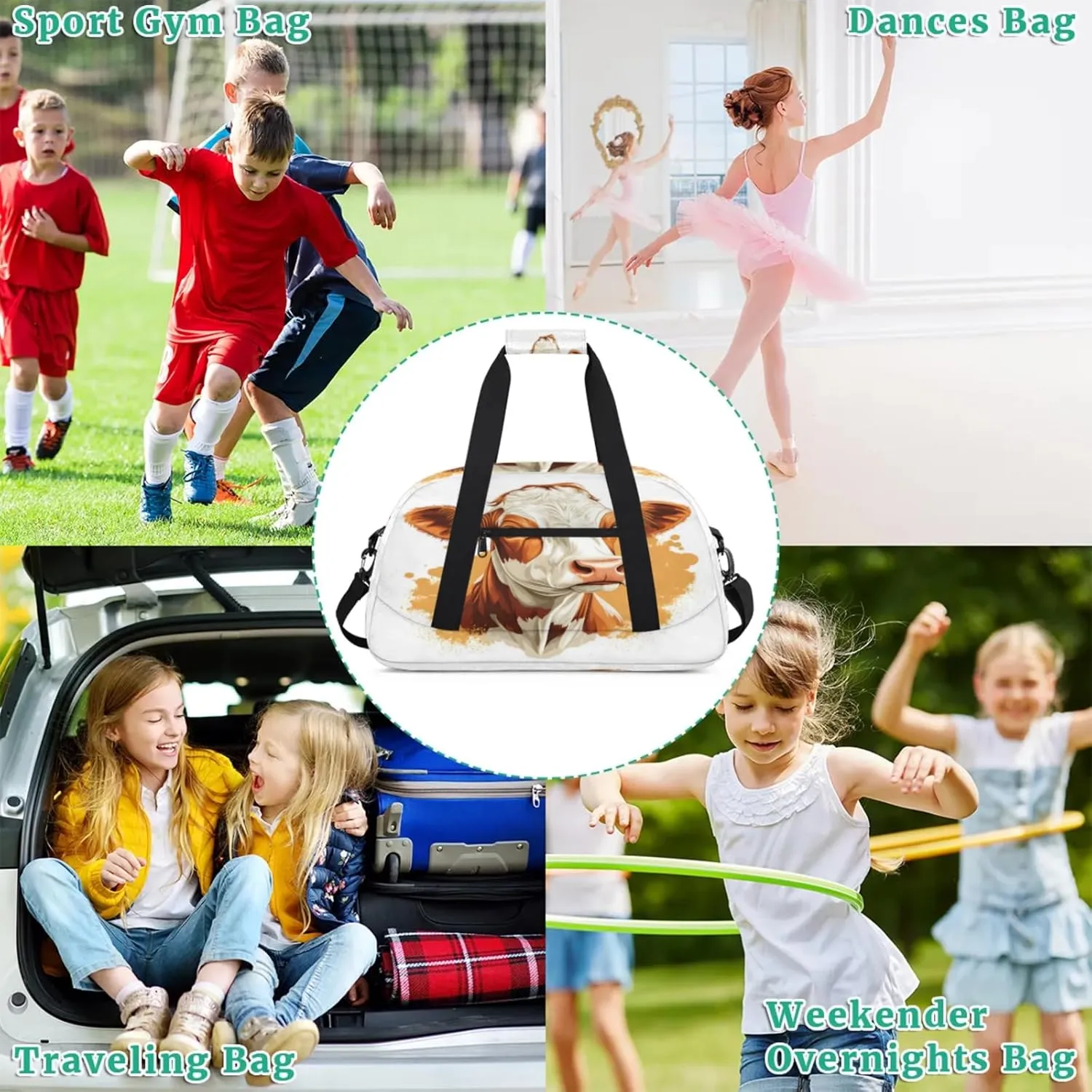 Brown Cow Small Gym Bag for Women Men, Cow Print Travel Duffle Bag Workout Dance Tote Bag Carry On Overnight Weekender Bag
