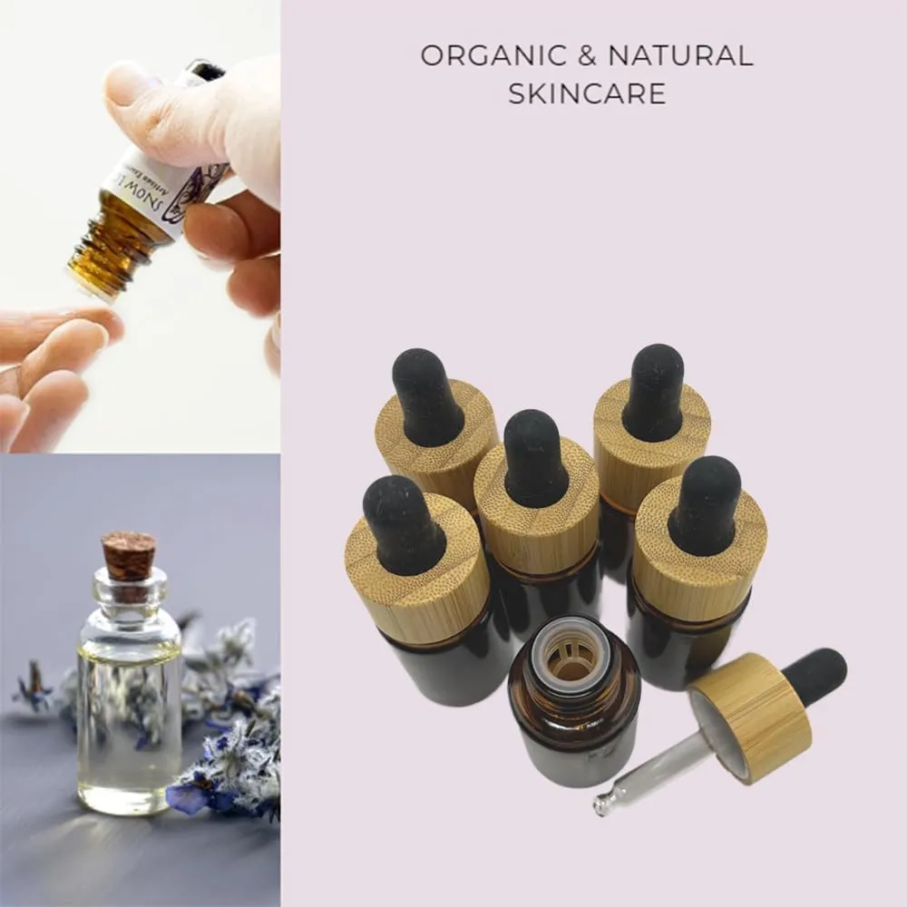 Brown Glass Dropper Bottles 15ml/0.5 oz 6 PACK,Essential Oil Bottles With Eye Dropper And Bamboo Lids Perfume Sample Vials Essence Liquid Cosmetic Containers