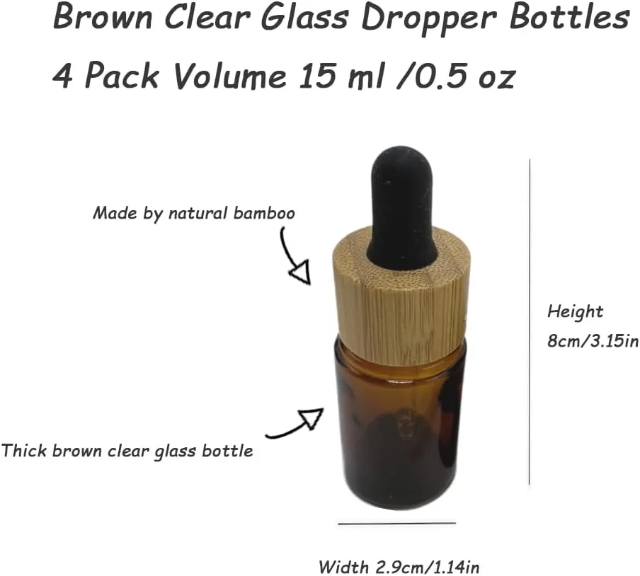 Brown Glass Dropper Bottles 15ml/0.5 oz 6 PACK,Essential Oil Bottles With Eye Dropper And Bamboo Lids Perfume Sample Vials Essence Liquid Cosmetic Containers