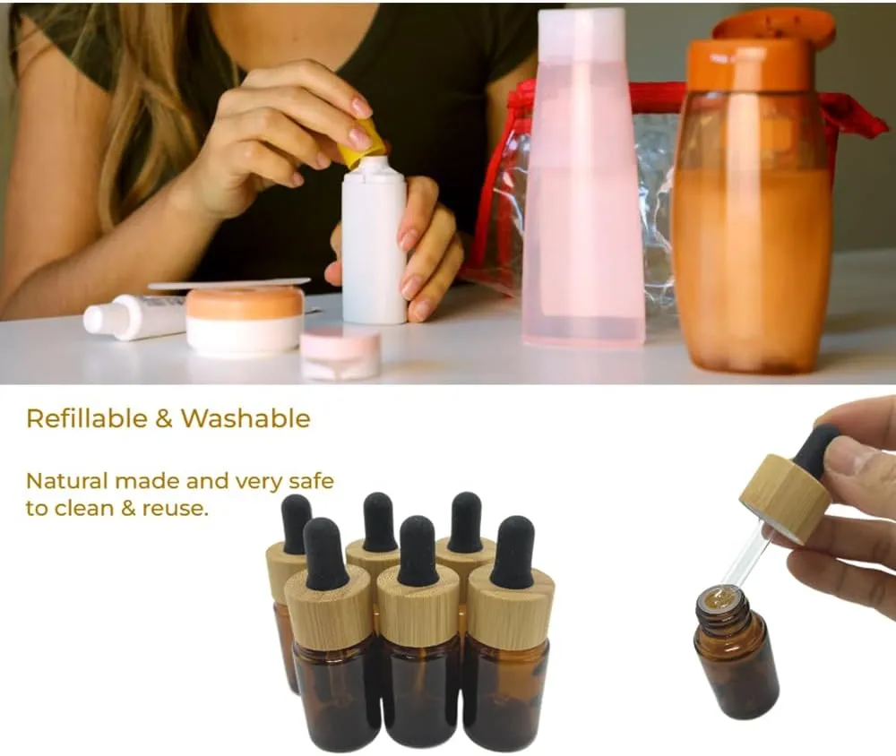 Brown Glass Dropper Bottles 15ml/0.5 oz 6 PACK,Essential Oil Bottles With Eye Dropper And Bamboo Lids Perfume Sample Vials Essence Liquid Cosmetic Containers