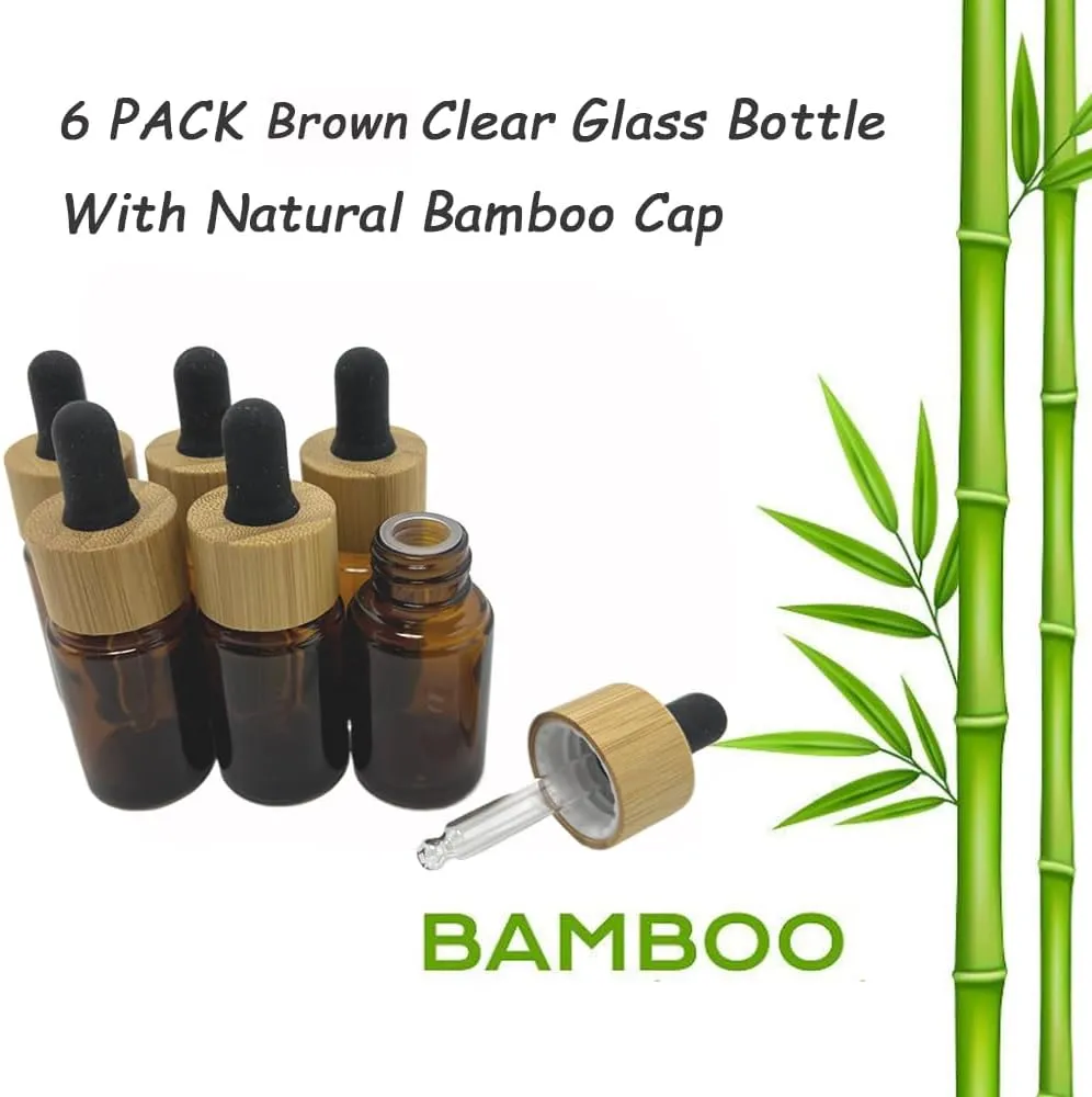 Brown Glass Dropper Bottles 15ml/0.5 oz 6 PACK,Essential Oil Bottles With Eye Dropper And Bamboo Lids Perfume Sample Vials Essence Liquid Cosmetic Containers
