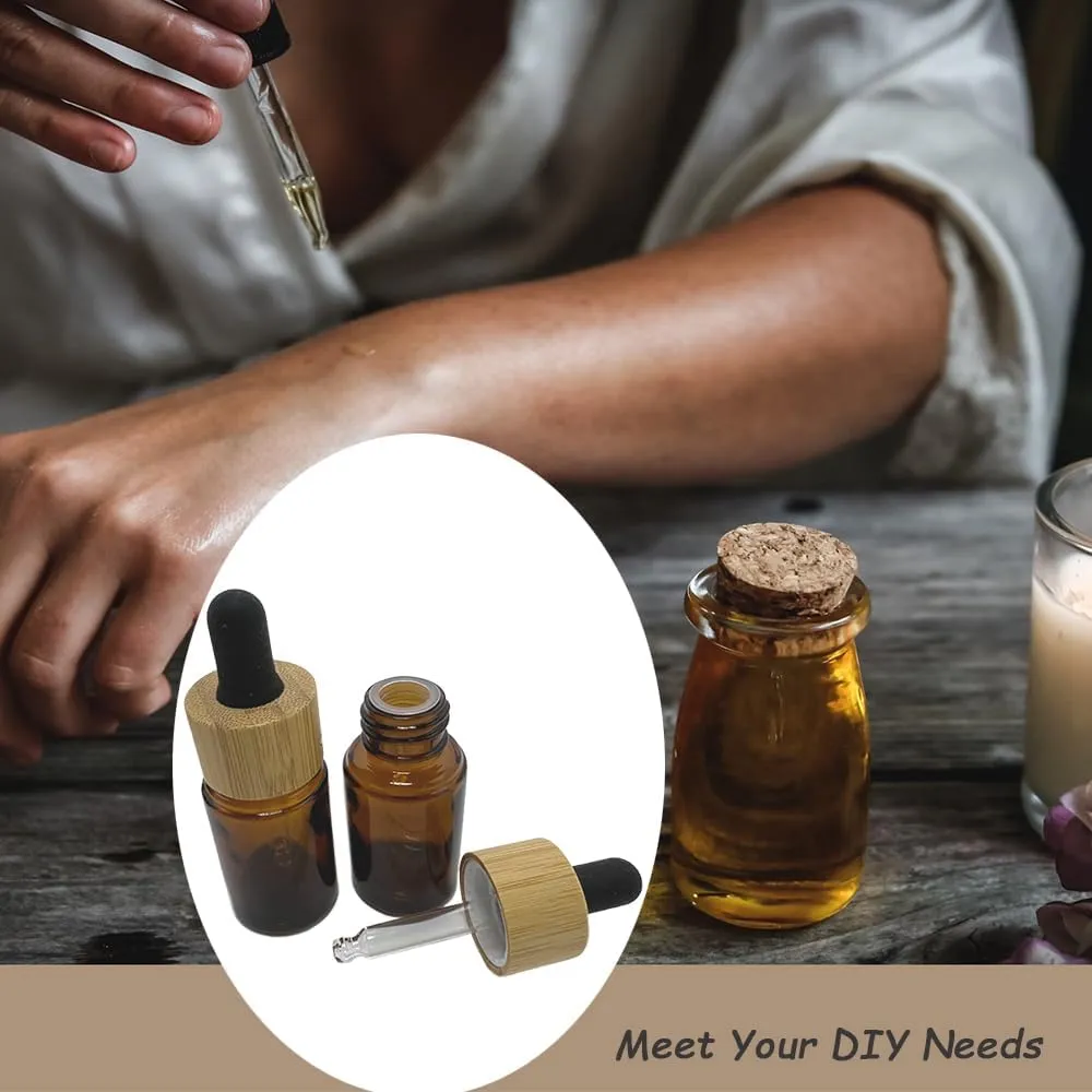 Brown Glass Dropper Bottles 15ml/0.5 oz 6 PACK,Essential Oil Bottles With Eye Dropper And Bamboo Lids Perfume Sample Vials Essence Liquid Cosmetic Containers