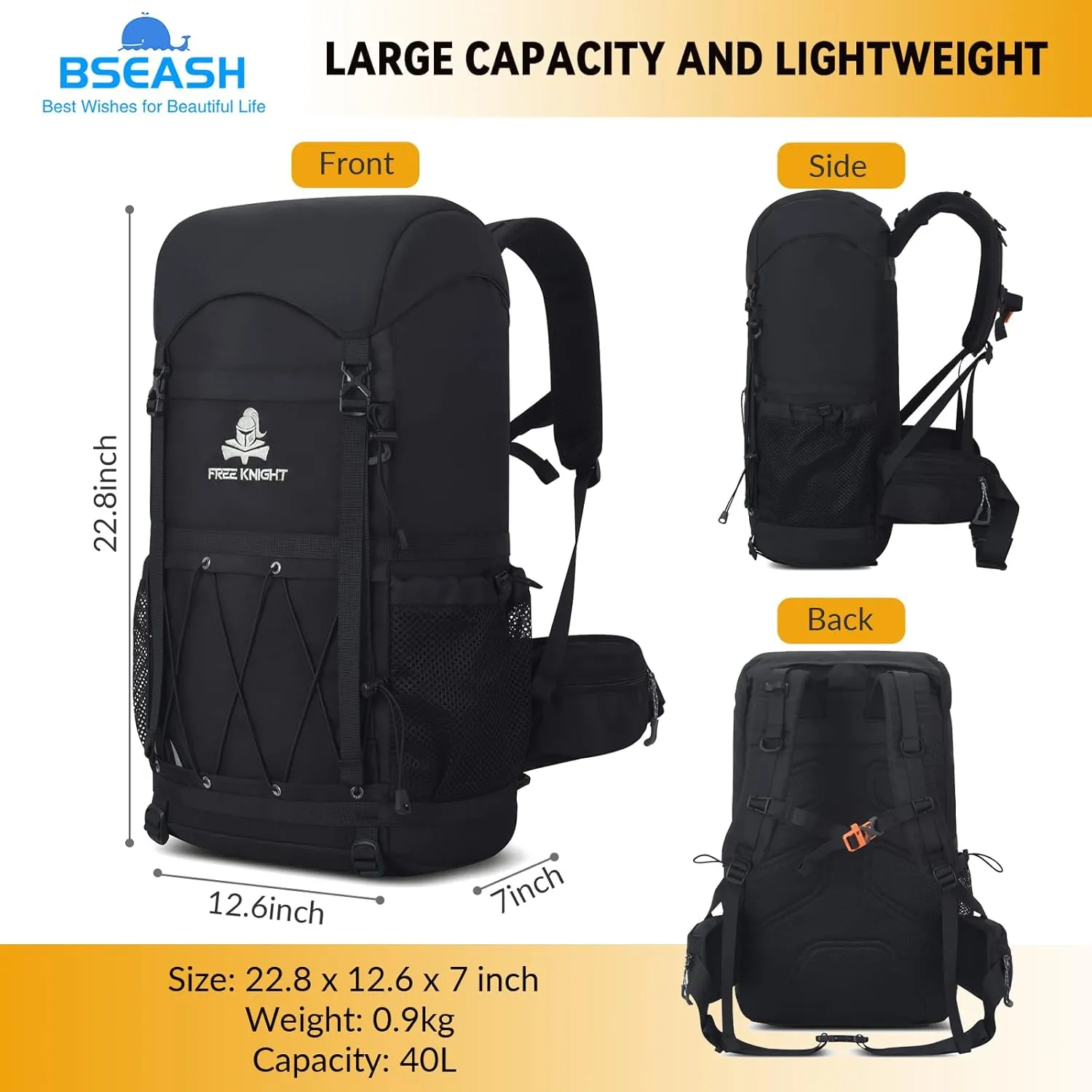 Bseash 40L Waterproof Hiking Backpack with Rain Cover, Outdoor Sport Travel Bag Daypack for Camping Climbing Cycling Skiing (Black)