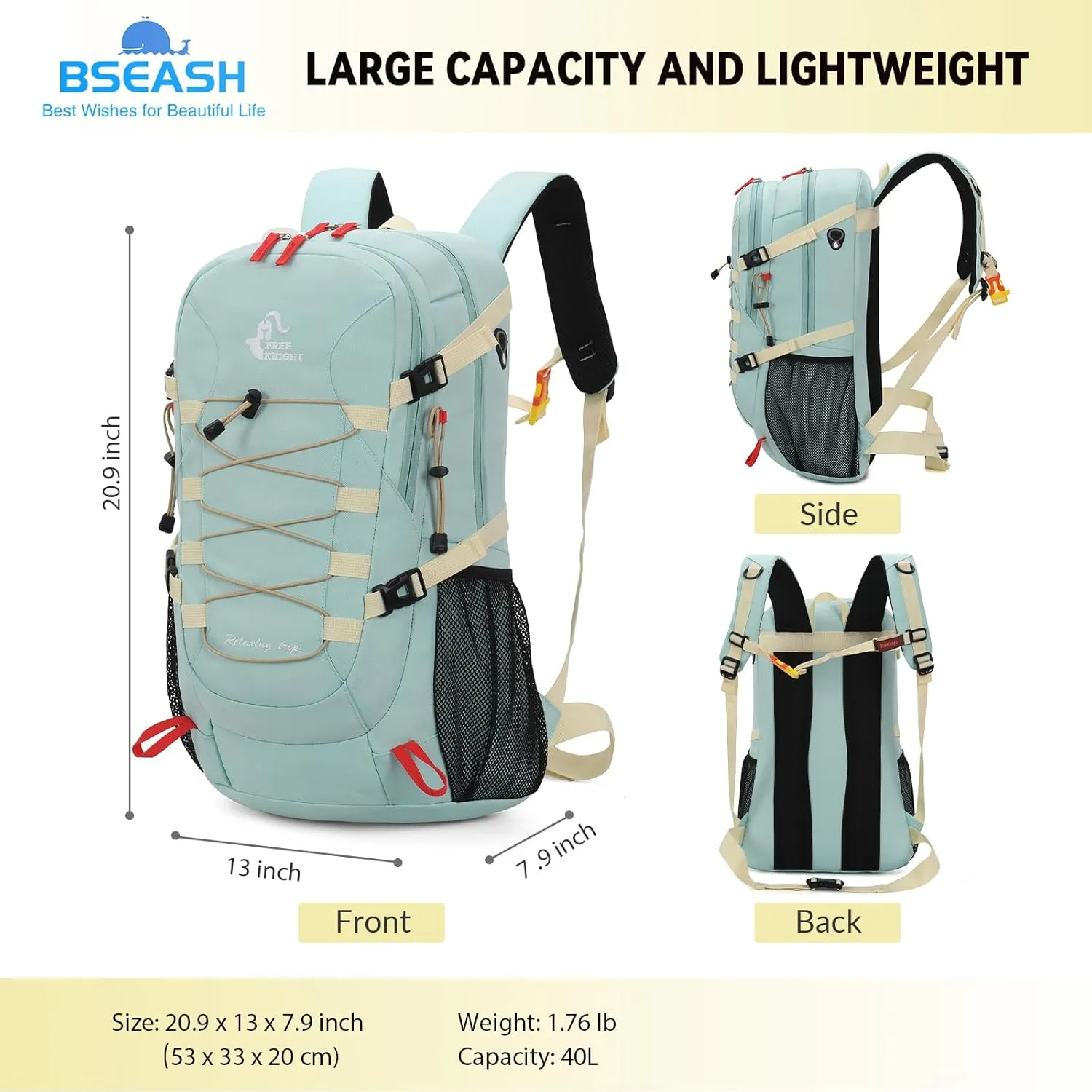 Bseash 40L Waterproof Hiking Backpack with Rain Cover, Outdoor Sport Travel Bag Daypack for Camping Climbing Skiing Cycling (Blue)
