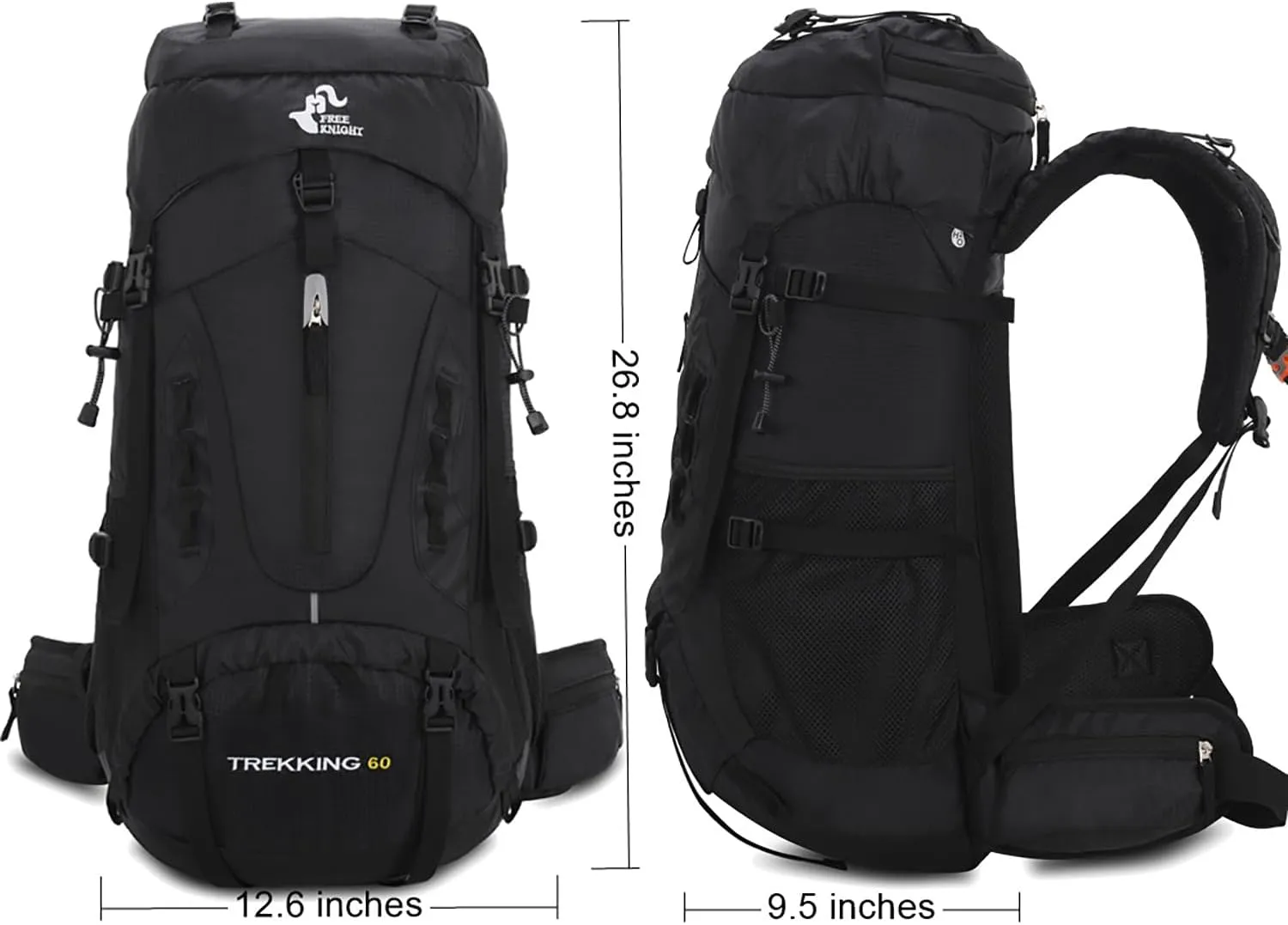 Bseash 60L Hiking Camping Backpack with Rain Cover, Waterproof Large Capacity Outdoor Sport Travel Daypack Climbing Touring (Black)