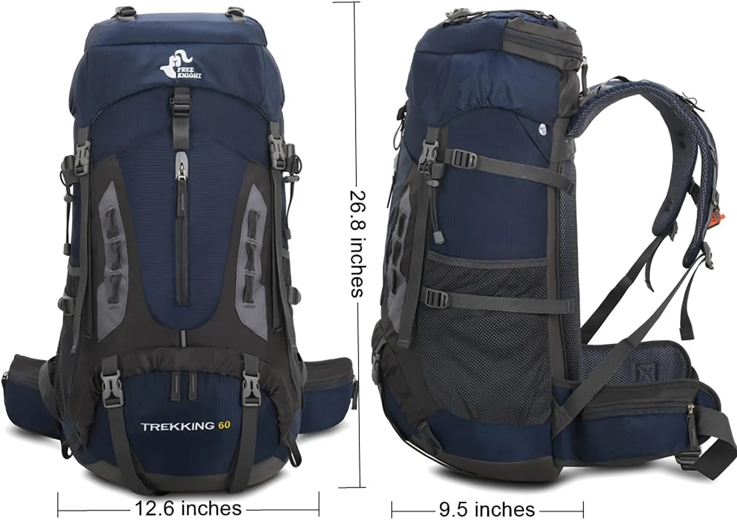 Bseash 60L Hiking Camping Backpack with Rain Cover, Waterproof Large Capacity Outdoor Sport Travel Daypack Climbing Touring (Navy Blue)