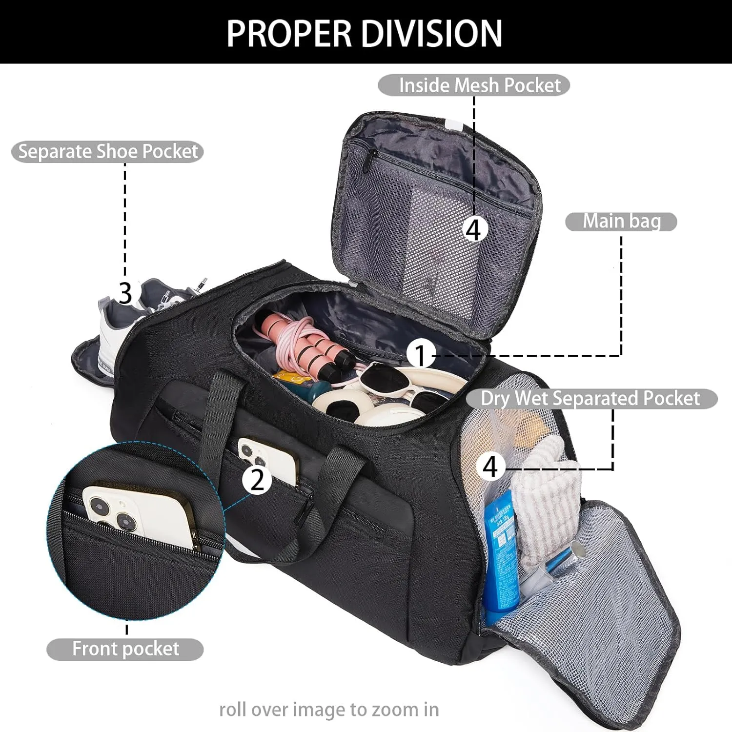 BSHG Gym Bags For Men & Women Waterproof Sports Duffel Bags Travel Backpack Weekender Bag For Men Women Overnight Bag With Shoe Compartment & Wet Pocket Mens Gym Bag B-GD-001-Black