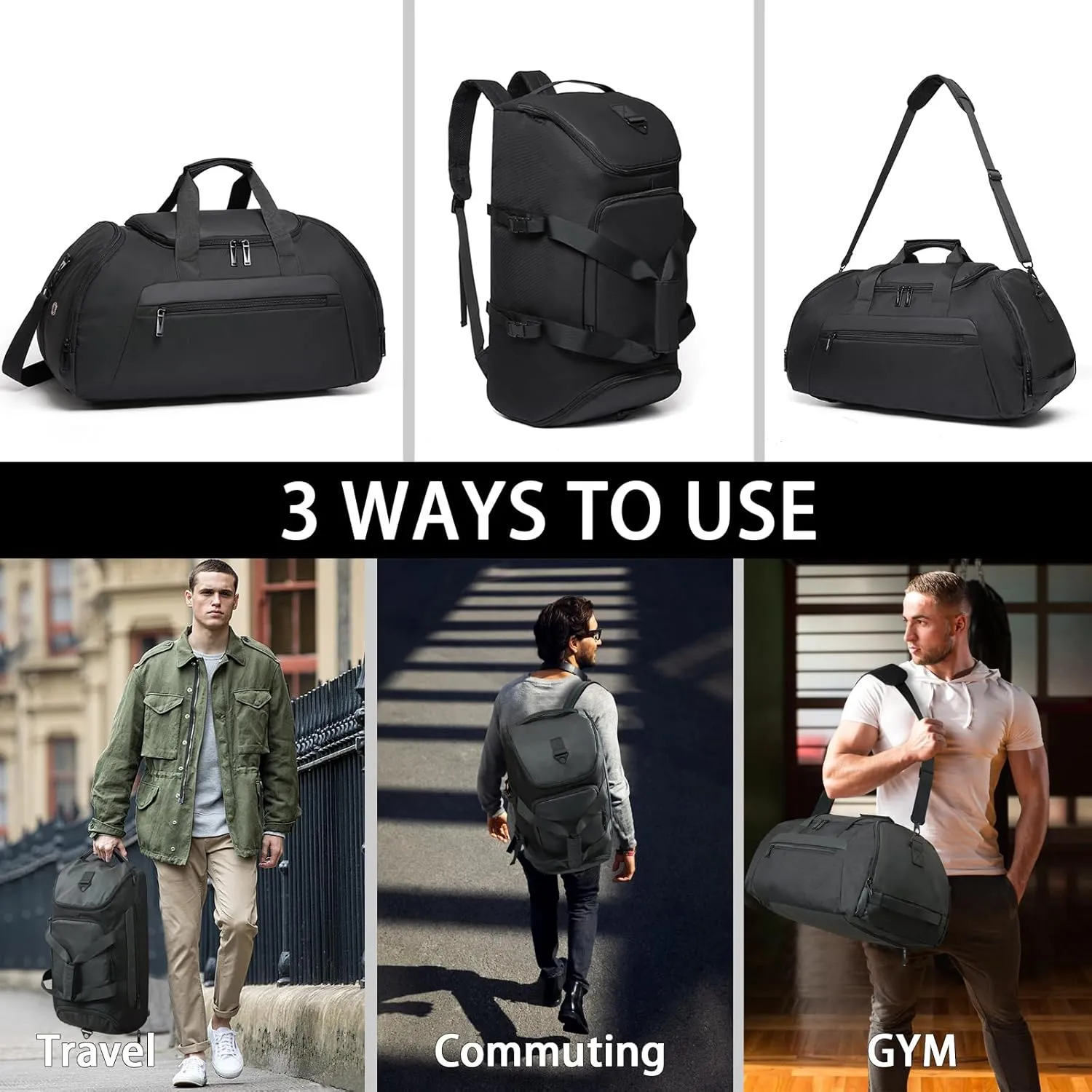 BSHG Gym Bags For Men & Women Waterproof Sports Duffel Bags Travel Backpack Weekender Bag For Men Women Overnight Bag With Shoe Compartment & Wet Pocket Mens Gym Bag B-GD-001-Black