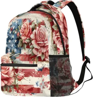 Budxapjw American Flag Travel Laptop Backpack for Women Men Rose Pattern Waterproof Bag with Adjustable Padded Shoulder Straps for Business Work Travel Hiking Camping
