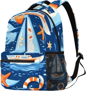 Budxapjw Cartoon Sailboat Travel Laptop Backpack for Women Men Sea Creatures Waterproof Bag with Adjustable Padded Shoulder Straps for Business Work Travel Hiking Camping