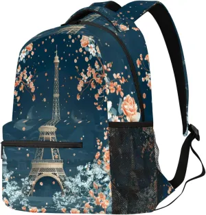 Budxapjw Eiffel Tower Travel Laptop Backpack for Women Men Beautiful Flower Waterproof Bag with Adjustable Padded Shoulder Straps for Business Work Travel Hiking Camping
