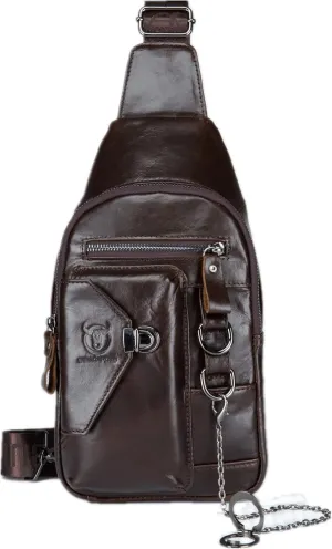 BULLCAPTAIN Genuine Leather Sling Bag for Men Crossbody with Cellphone Stand Chain Chest Shoulder Backpack Daypack XB-520