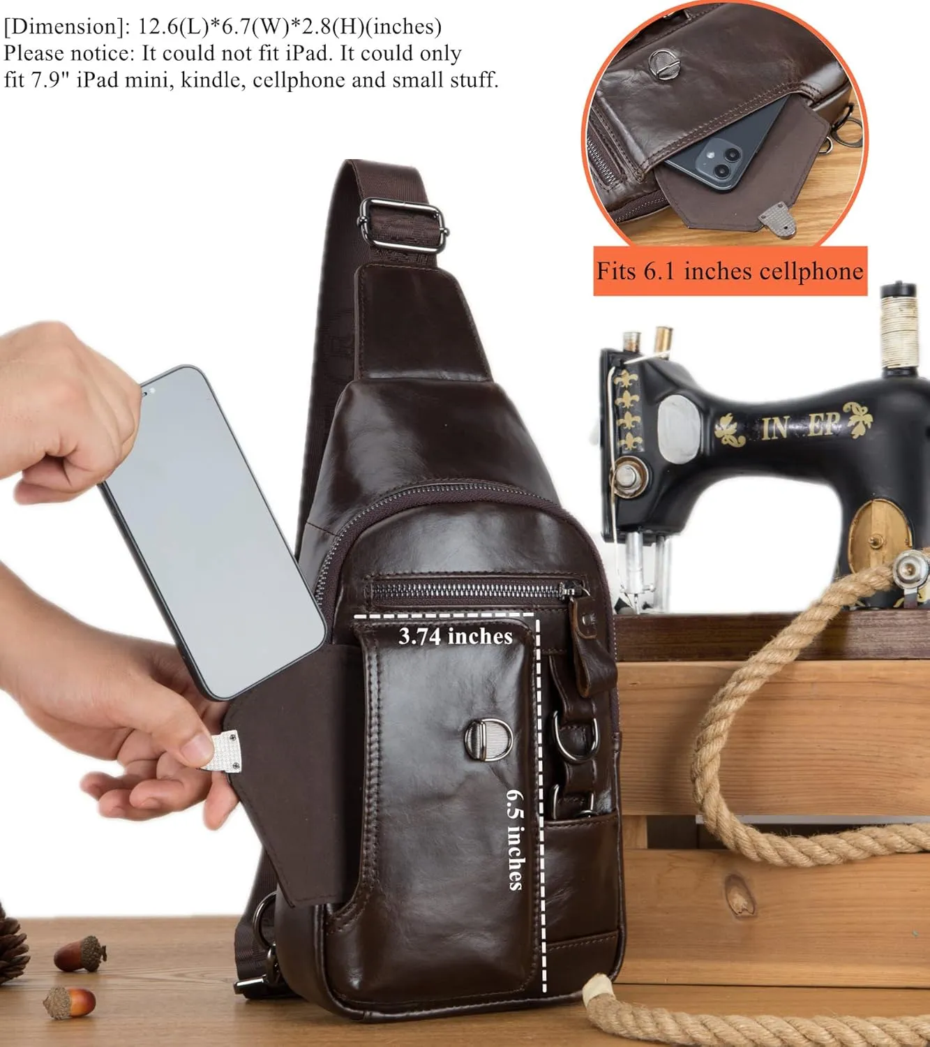 BULLCAPTAIN Genuine Leather Sling Bag for Men Crossbody with Cellphone Stand Chain Chest Shoulder Backpack Daypack XB-520