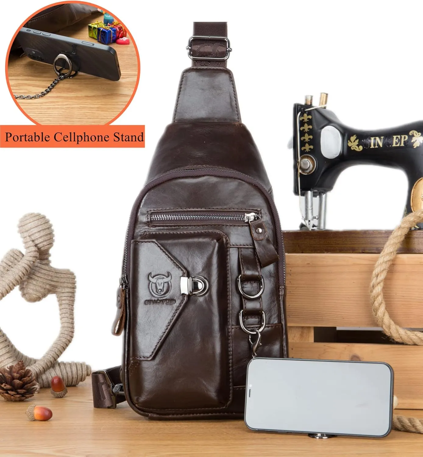 BULLCAPTAIN Genuine Leather Sling Bag for Men Crossbody with Cellphone Stand Chain Chest Shoulder Backpack Daypack XB-520