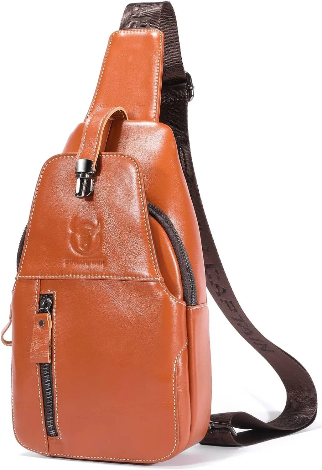 BULLCAPTAIN Genuine Leather Sling Bag Mens Crossbody Backpack Hiking Casual Daypack Shoulder Chest Bag with USB Charging Port