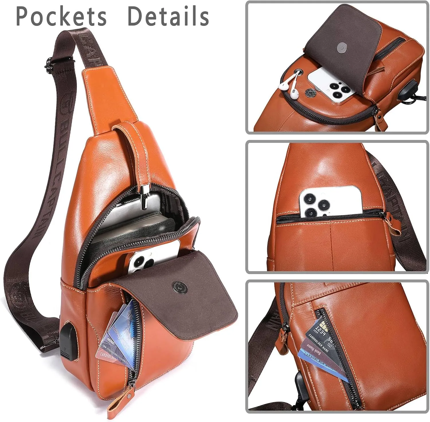 BULLCAPTAIN Genuine Leather Sling Bag Mens Crossbody Backpack Hiking Casual Daypack Shoulder Chest Bag with USB Charging Port