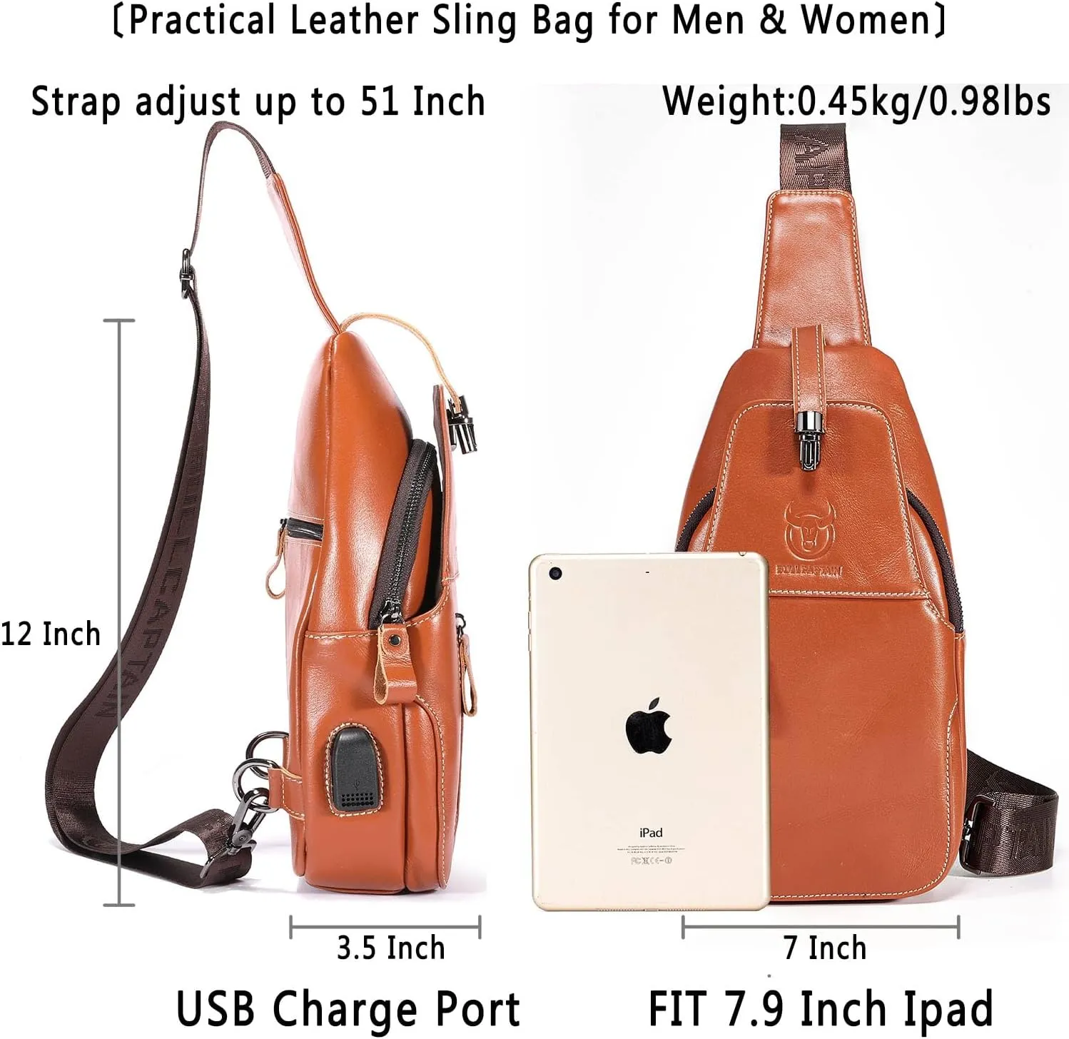 BULLCAPTAIN Genuine Leather Sling Bag Mens Crossbody Backpack Hiking Casual Daypack Shoulder Chest Bag with USB Charging Port
