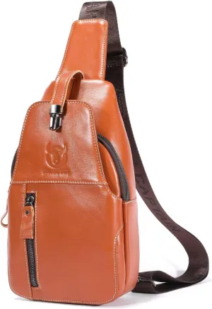 BULLCAPTAIN Genuine Leather Sling Bag Mens Crossbody Backpack Hiking Casual Daypack Shoulder Chest Bag with USB Charging Port