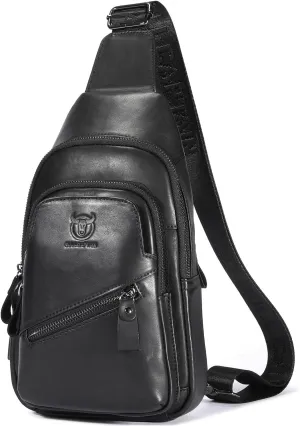 BULLCAPTAIN Leather Sling Bag for Men Crossbody Backpack with USB Charging Port Casual Daypack for Hiking Shoulder & Chest Bag Purse (Black)