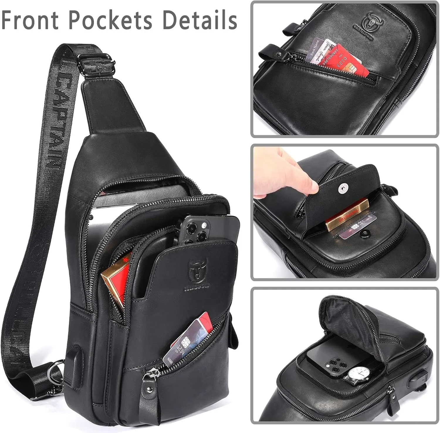 BULLCAPTAIN Leather Sling Bag for Men Crossbody Backpack with USB Charging Port Casual Daypack for Hiking Shoulder & Chest Bag Purse (Black)