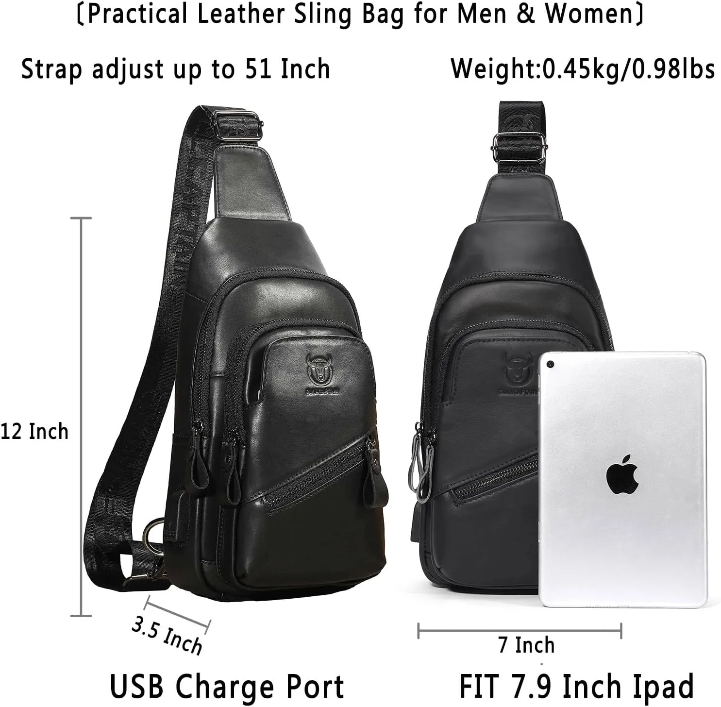 BULLCAPTAIN Leather Sling Bag for Men Crossbody Backpack with USB Charging Port Casual Daypack for Hiking Shoulder & Chest Bag Purse (Black)
