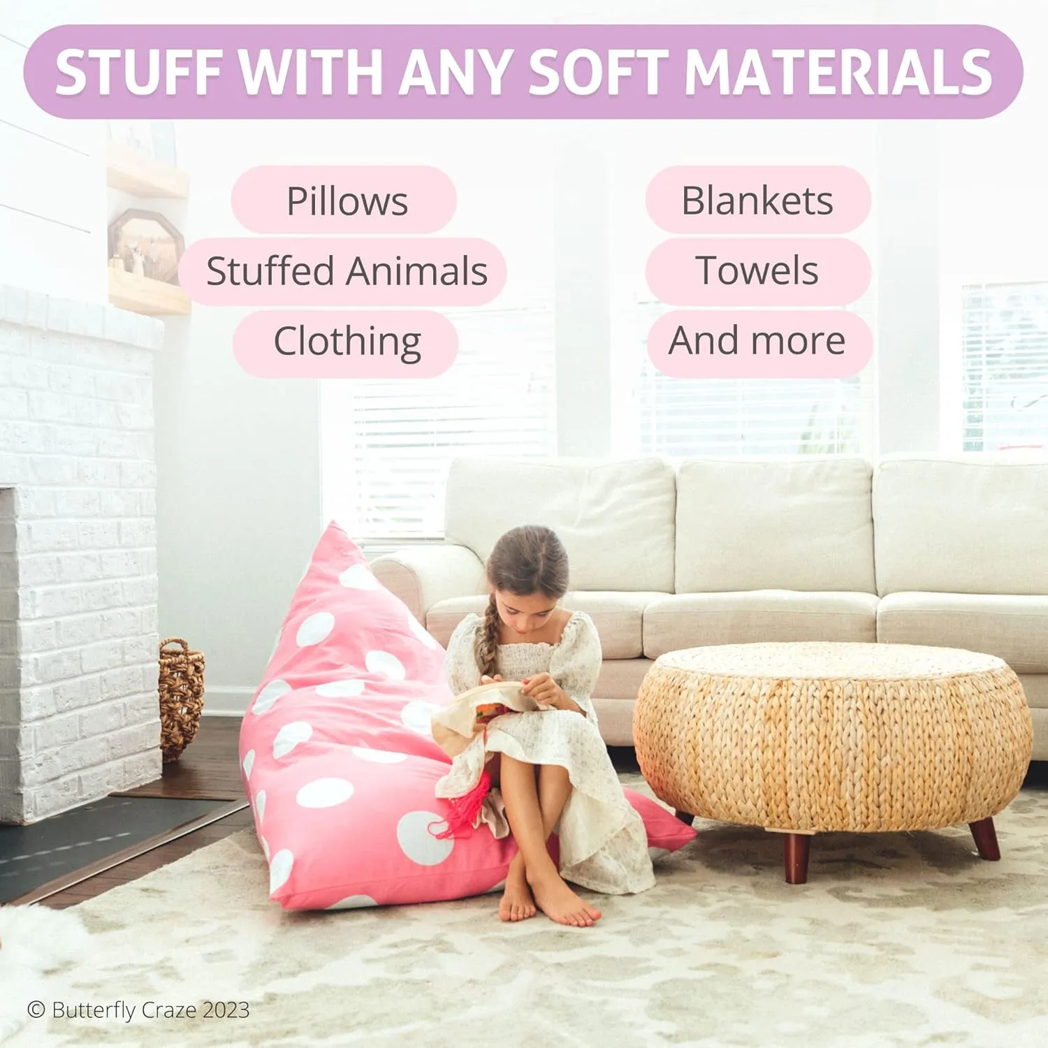 Butterfly Craze Bean Bag Chair Cover, Functional Toddler Toy Organizer, Fill with Stuffed Animals to Create a Jumbo, Comfy Floor Lounger for Boys or Girls, Stuffing Not Included, Light Pink Polka Dots