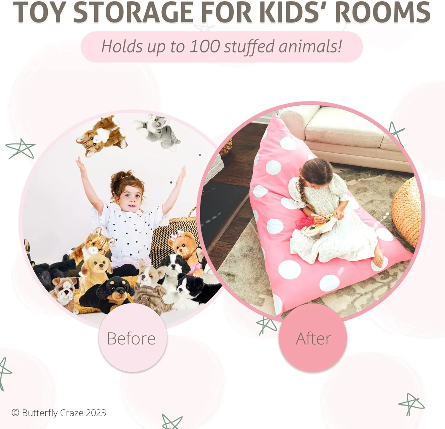 Butterfly Craze Bean Bag Chair Cover, Functional Toddler Toy Organizer, Fill with Stuffed Animals to Create a Jumbo, Comfy Floor Lounger for Boys or Girls, Stuffing Not Included, Light Pink Polka Dots