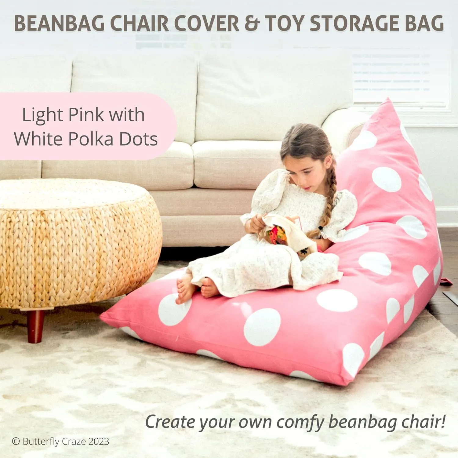 Butterfly Craze Bean Bag Chair Cover, Functional Toddler Toy Organizer, Fill with Stuffed Animals to Create a Jumbo, Comfy Floor Lounger for Boys or Girls, Stuffing Not Included, Light Pink Polka Dots