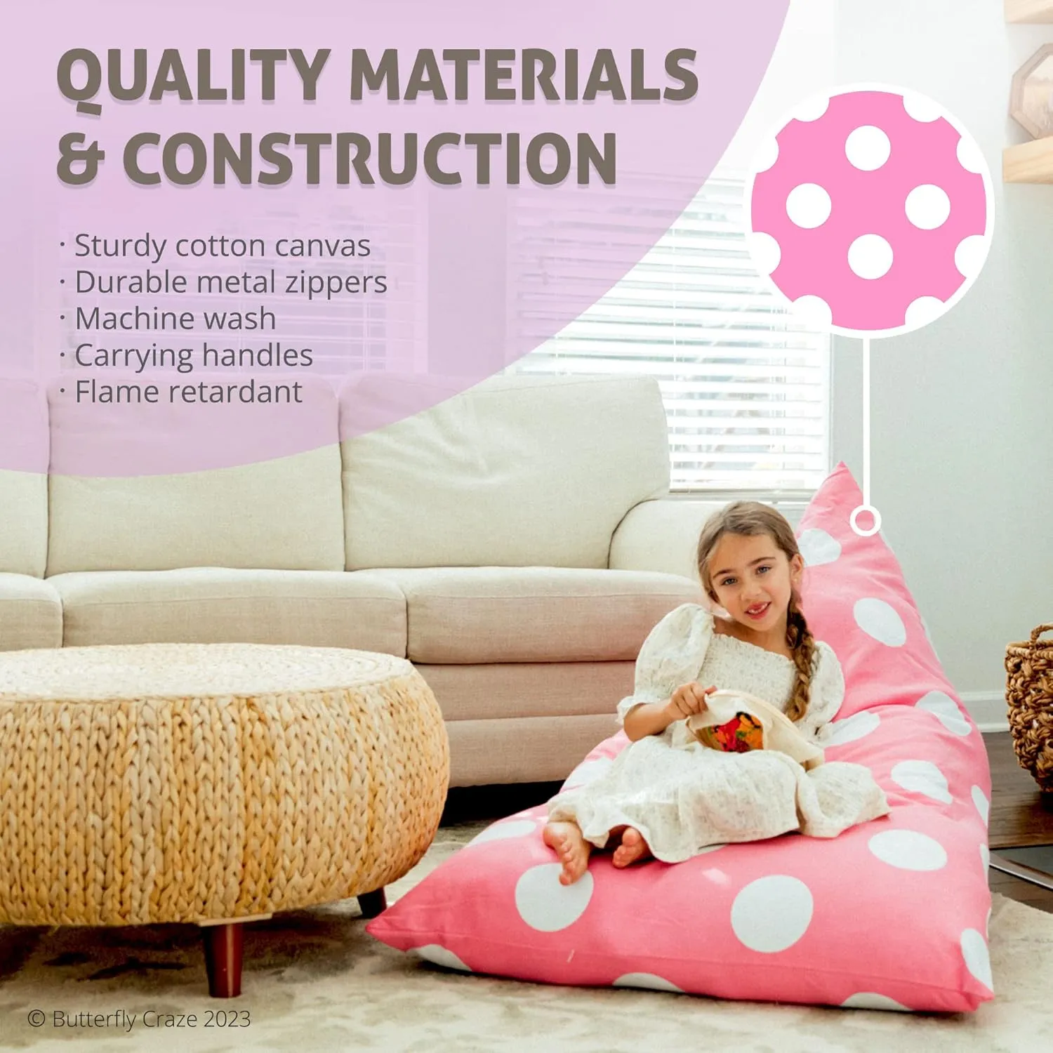 Butterfly Craze Bean Bag Chair Cover, Functional Toddler Toy Organizer, Fill with Stuffed Animals to Create a Jumbo, Comfy Floor Lounger for Boys or Girls, Stuffing Not Included, Light Pink Polka Dots