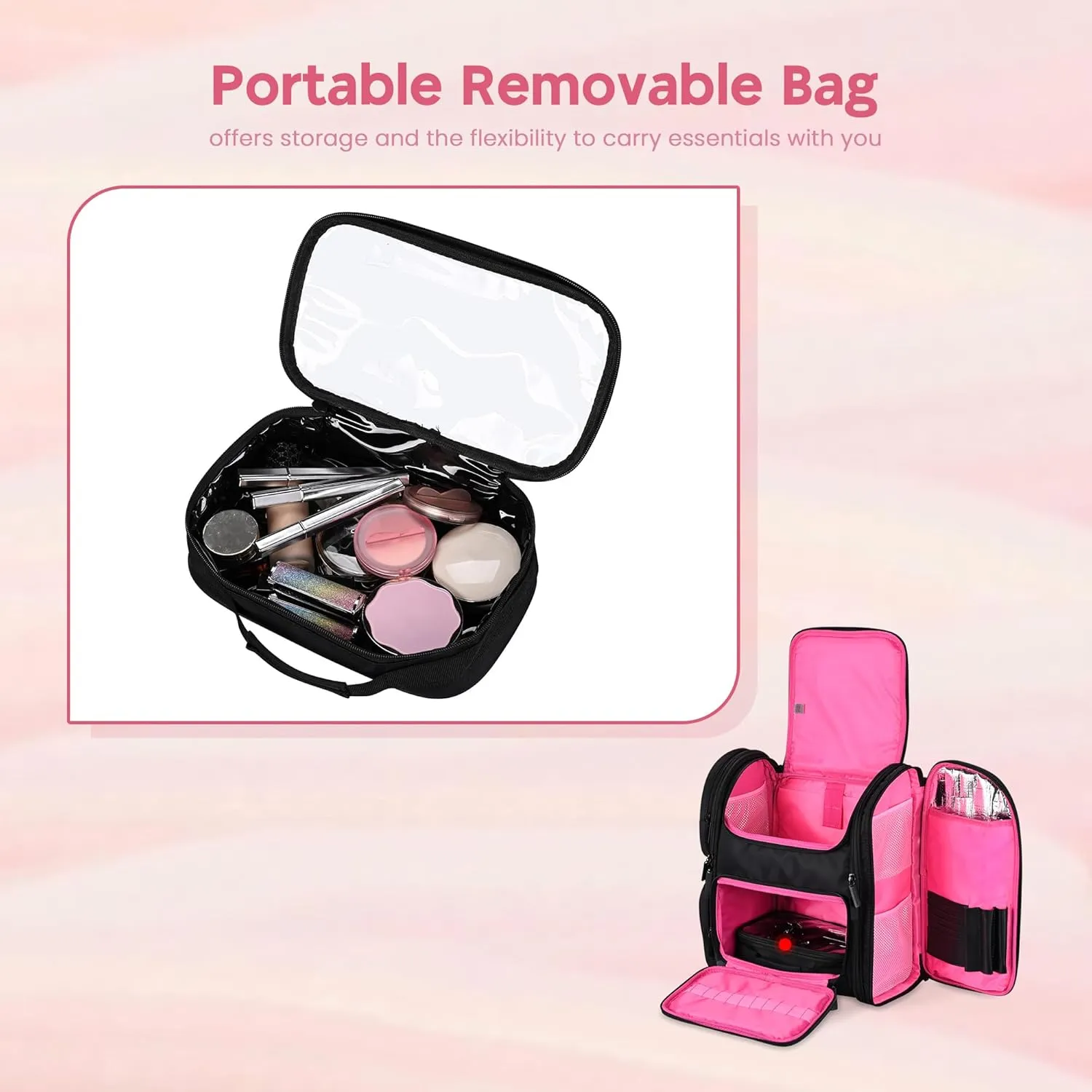 BYOOTIQUE Soft Sided Makeup Backpack Portable Travel Barber Cosmetic Storage Organizer Travel with Heat Isolation Side Pocket Removable Pouch for Makeup Artist Hairstylist, Pink