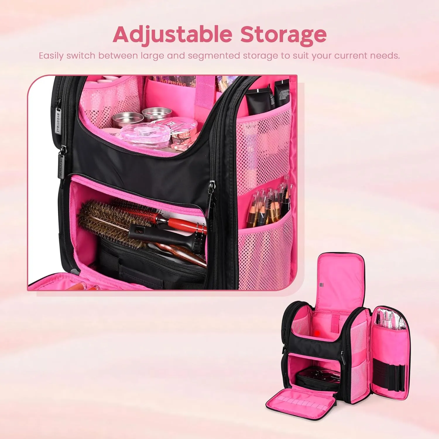 BYOOTIQUE Soft Sided Makeup Backpack Portable Travel Barber Cosmetic Storage Organizer Travel with Heat Isolation Side Pocket Removable Pouch for Makeup Artist Hairstylist, Pink