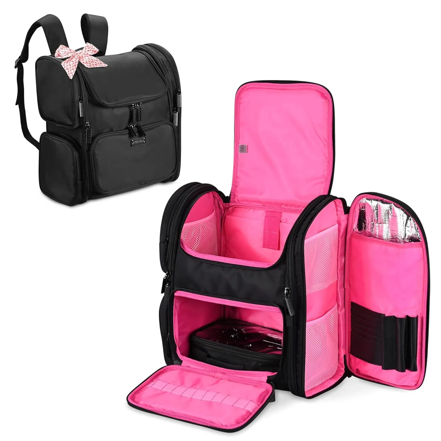 BYOOTIQUE Soft Sided Makeup Backpack Portable Travel Barber Cosmetic Storage Organizer Travel with Heat Isolation Side Pocket Removable Pouch for Makeup Artist Hairstylist, Pink