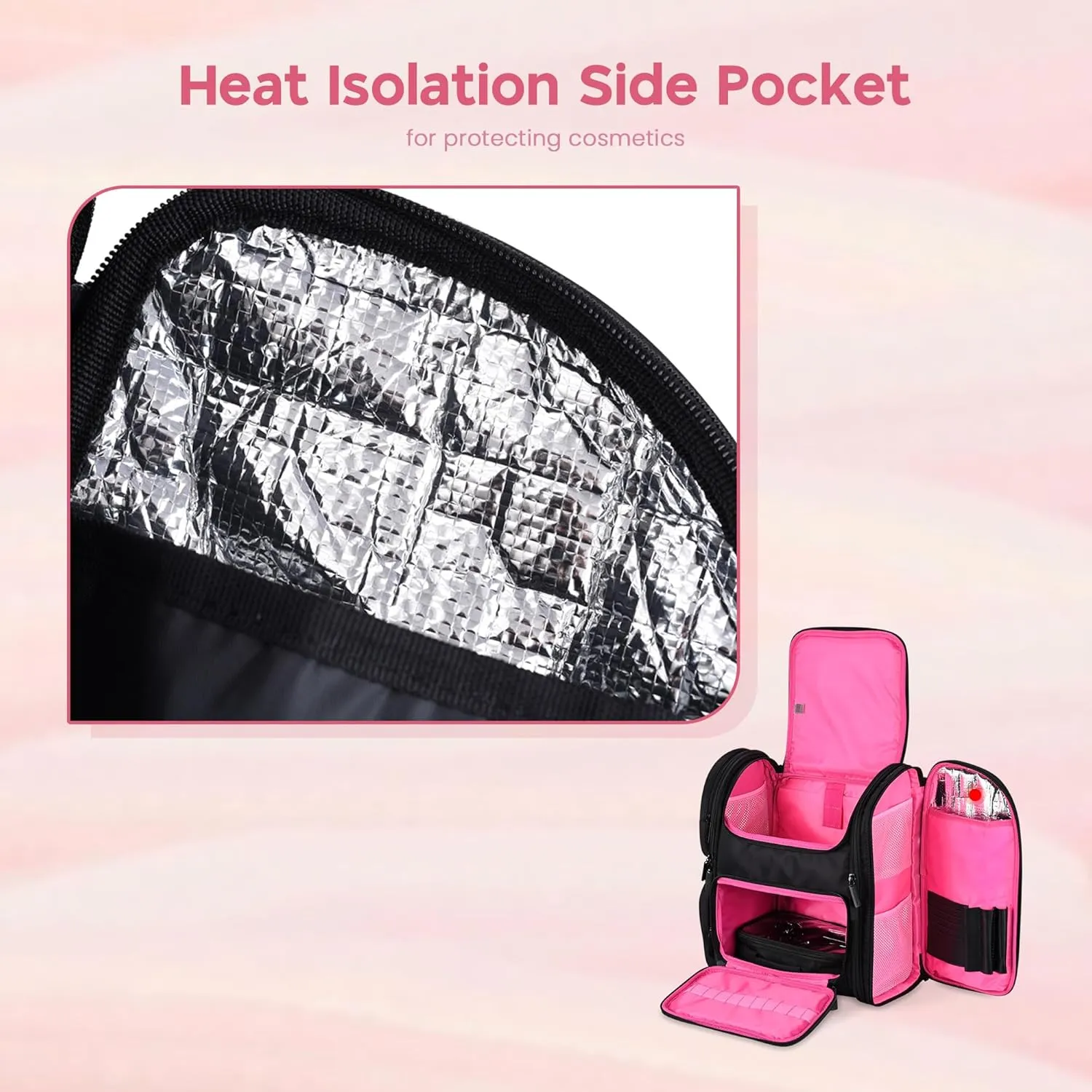 BYOOTIQUE Soft Sided Makeup Backpack Portable Travel Barber Cosmetic Storage Organizer Travel with Heat Isolation Side Pocket Removable Pouch for Makeup Artist Hairstylist, Pink