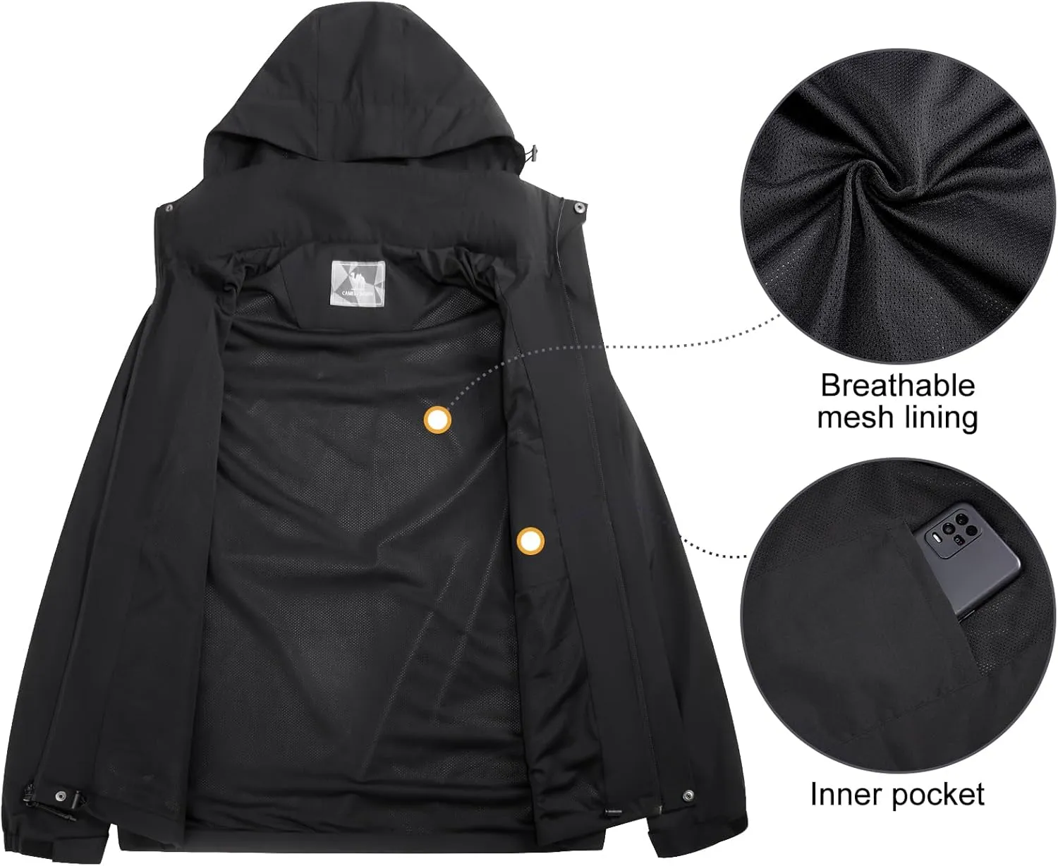 CAMEL CROWN Men's Waterproof Jacket Rain Coat Windbreaker Hooded for Outdoor Hiking Climbing Traveling