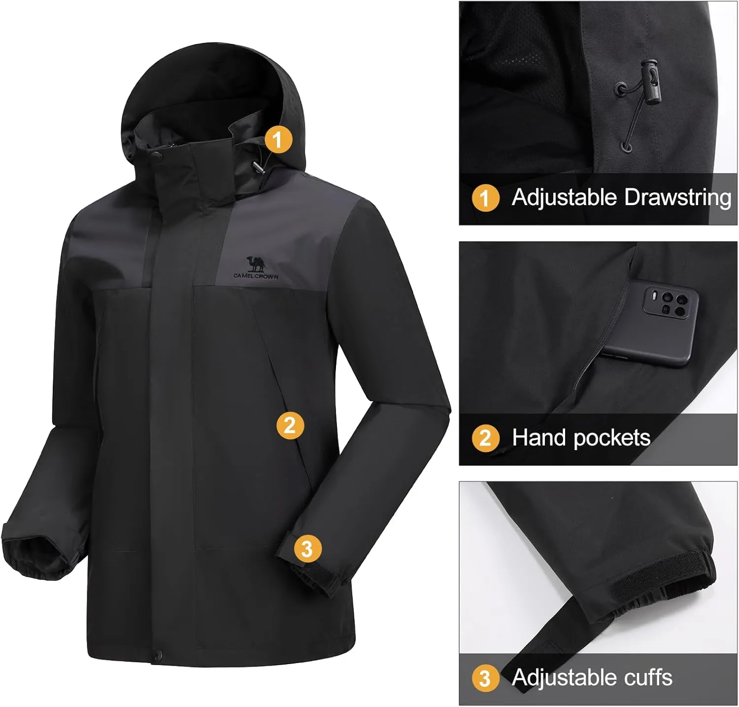 CAMEL CROWN Men's Waterproof Jacket Rain Coat Windbreaker Hooded for Outdoor Hiking Climbing Traveling