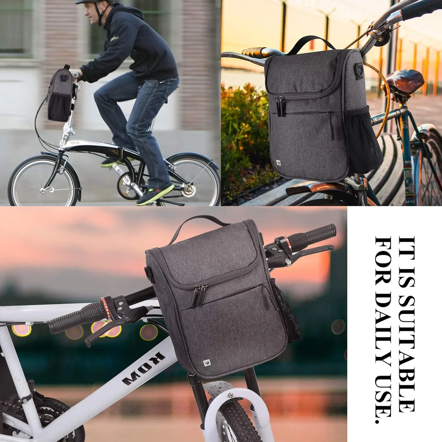 CamGo Waterproof Handlebar Bag for Bike - Cycling Front Storage Basket Bags Multipurpose Shoulder Pack Canvas Handbags with Rain Cover (Grey)