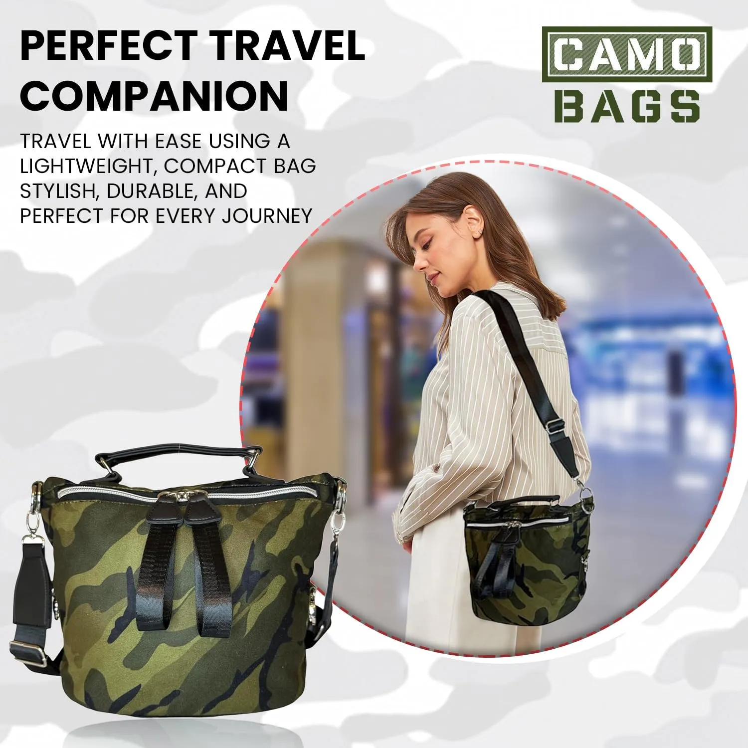 Camo Travel Shopping Shoulder Bag/Purse | Durable Softshell Tote Bag | with Zipper Closure & Adjustable Shoulder Strap