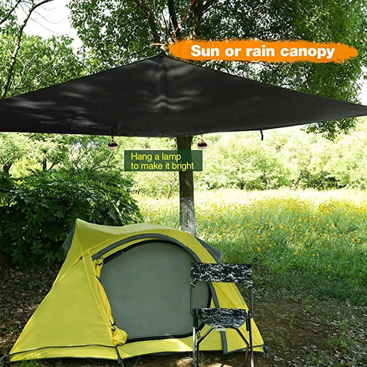 Camping Tarp,Rhombus Waterproof Tarp Tent Shade Outdoor Camping Hammock Rain Fly UV Garden Awning Canopy Sunshade Ultralight 360x290cm (Color : Black, Size : 360x290cm)